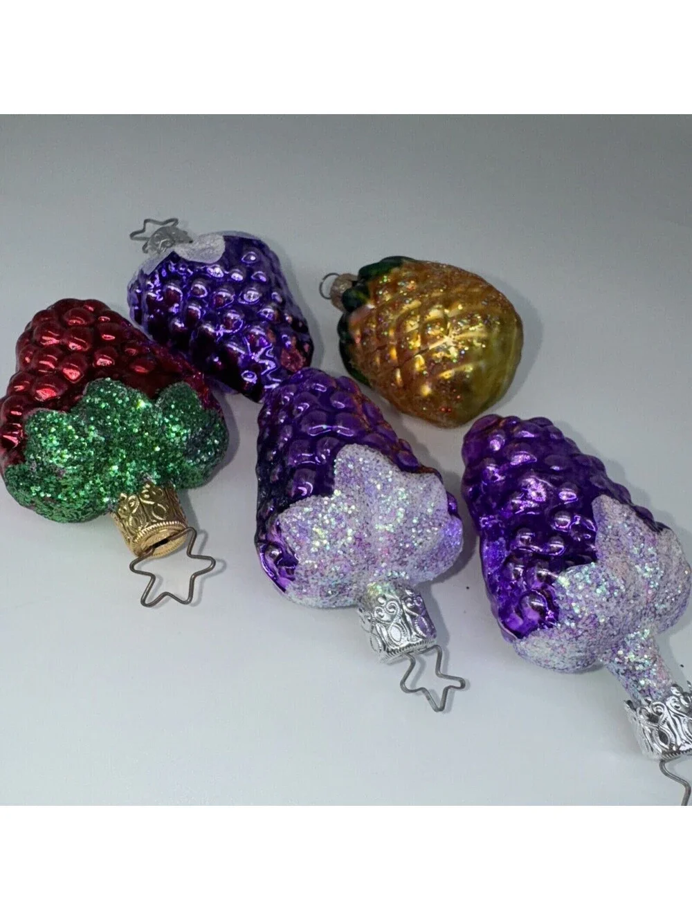 5 Vintage West Germany Glass Ornaments Grapes Strawberry Pineapple 2.25